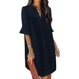 Women Royal Blue Polyester V-Neck Loose Fit Short Sleeve Knee Length Shift Dress